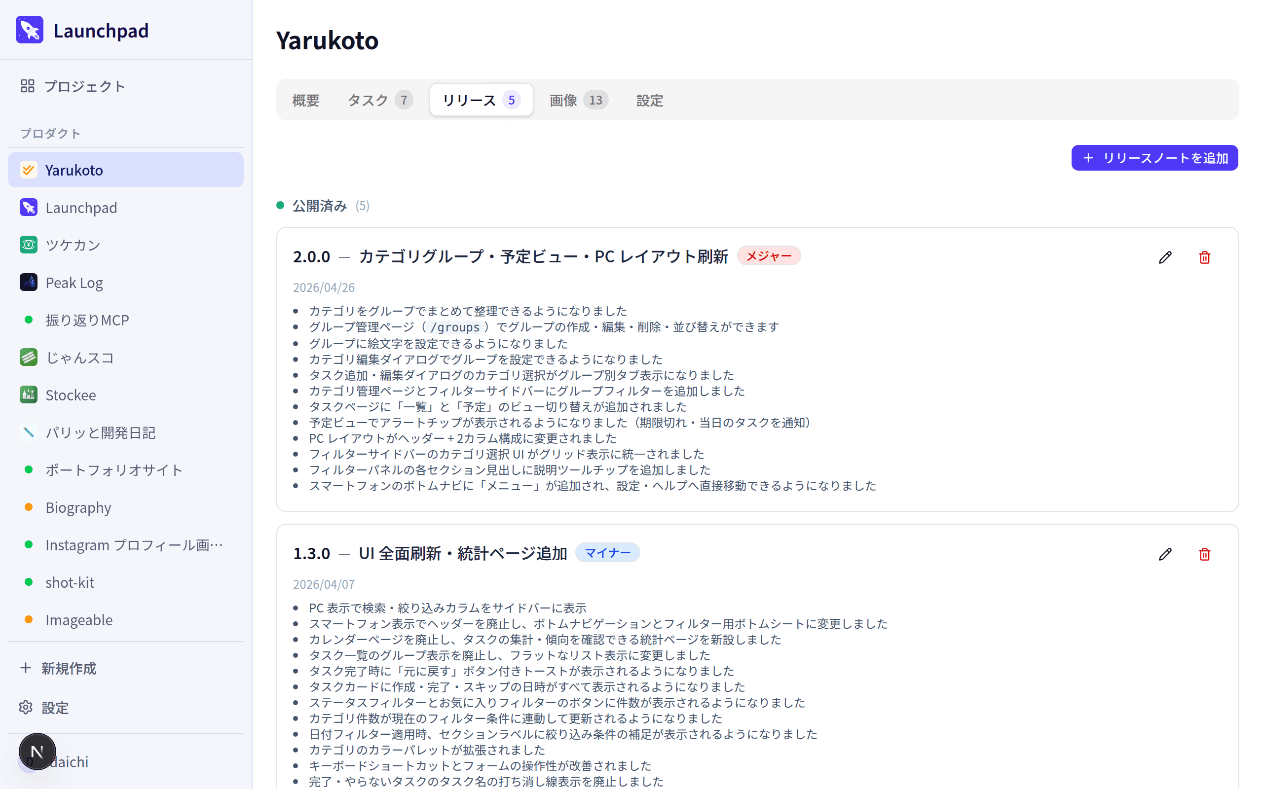 プロダクト リリースノート